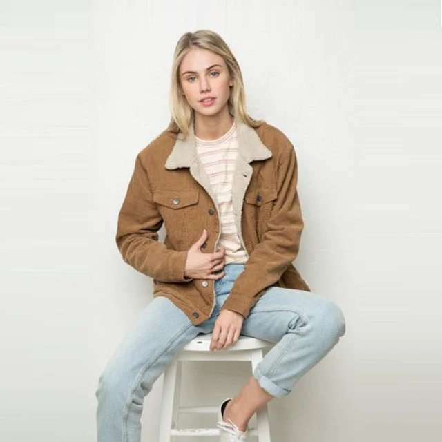 HDY Haoduoyi Winter Casual  Brown Corduroy Long Sleeve Turn-down Collar Jacket Single Breasted Basic Women Warm Coat