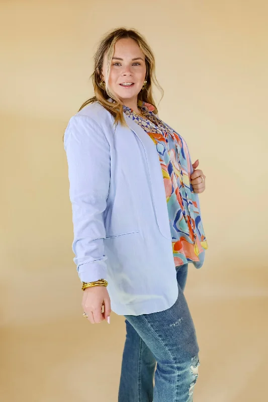 Promise Me Open Front Linen Blazer in Light Blue