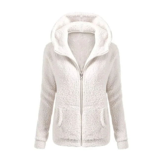 Women Solid Color Coat Thicken Soft Fleece Winter Autumn Warm Jacket Hooded Zipper Overcoat Female Fashion Casual Outwear Coat