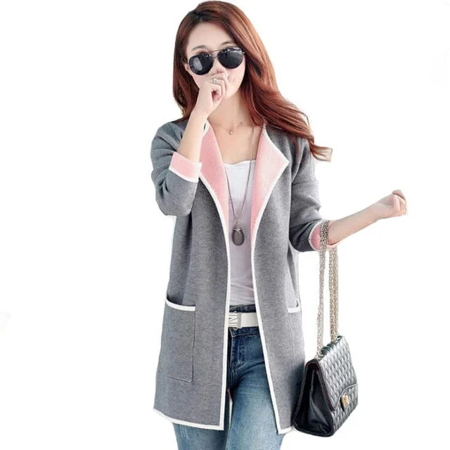 Women's Autumn Coat Grey/pink Long trench coat Big size 2017 Knitted Open stitch Female trench coat Windbreaker Cardigan