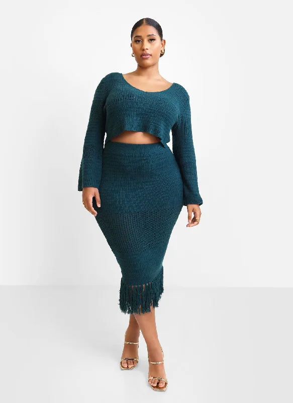 Jina Crochet Tassel Hem Midi Bodycon Skirt - Teal