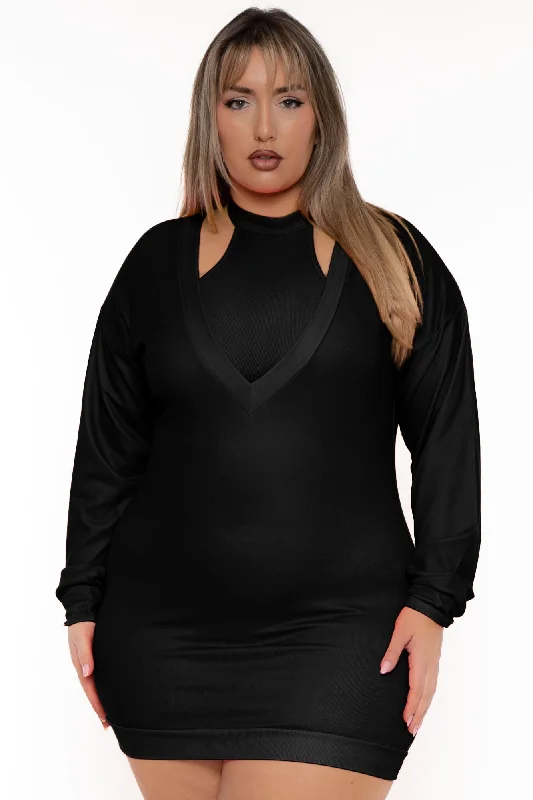 Plus Size Sweater Dress & Crop top Set  - Black