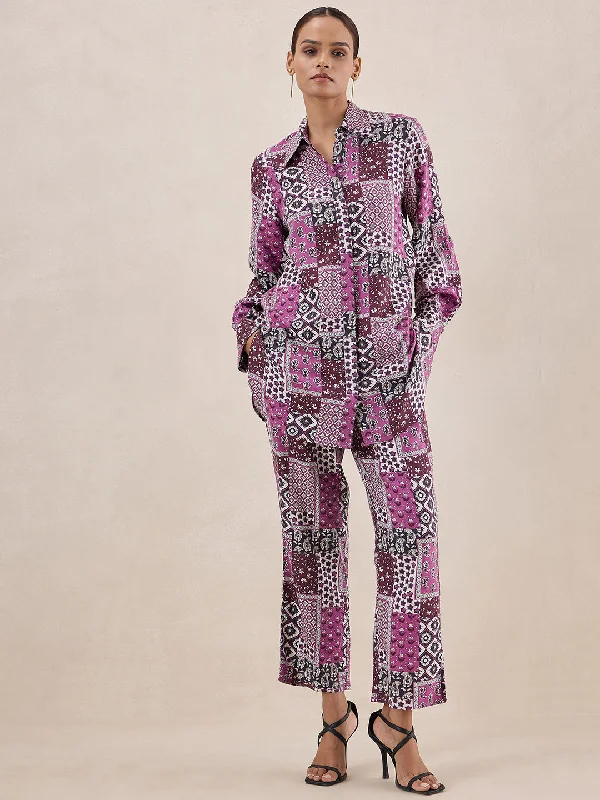 Purple Scarf Printed Button Down Coord Set