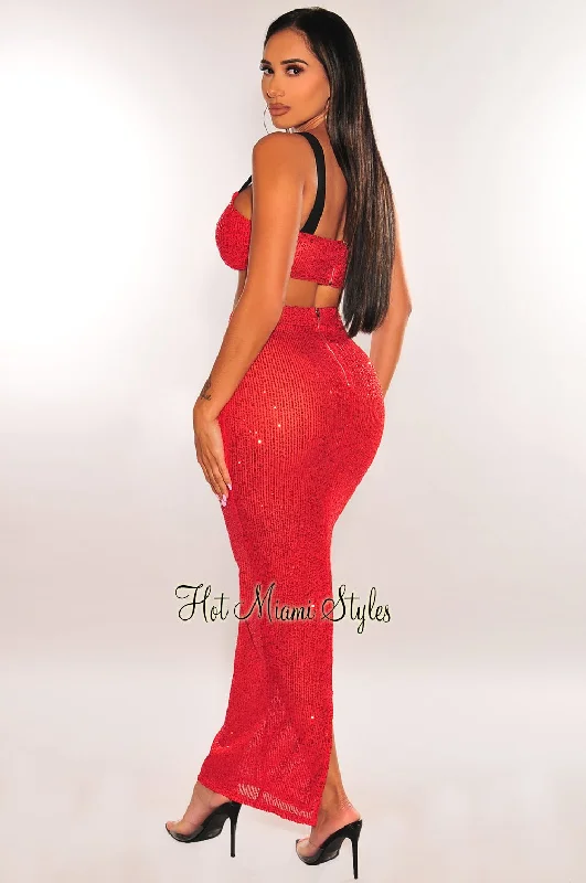 red-sequins-elastic-strap-maxi-skirt-two-piece-set