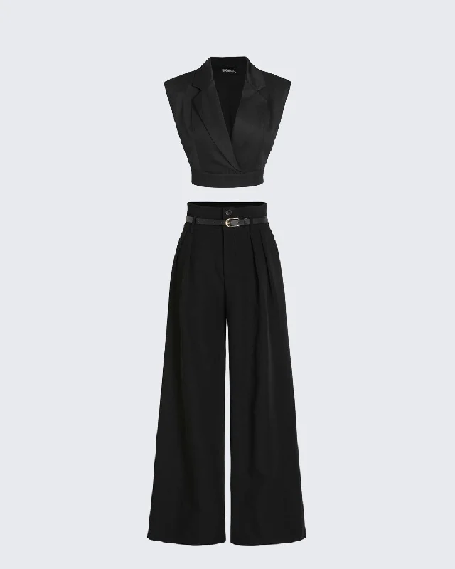 High Waist Pleated Pants With Tailored Vest Style Top In Black