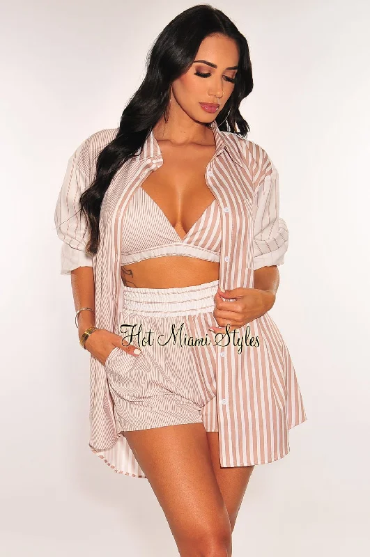 White Nude Striped Bralette Button Down Shorts Three Piece Set