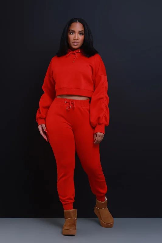 who-said-ruched-hooded-jogger-set-red