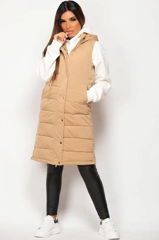 Camel Padded Longline Hooded Gilet