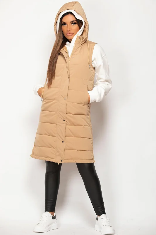 Camel Padded Longline Hooded Gilet