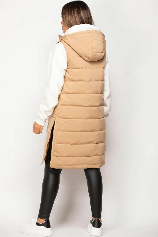 Camel Padded Longline Hooded Gilet