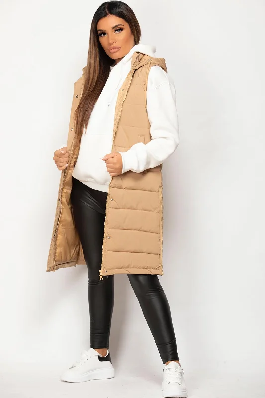 Camel Padded Longline Hooded Gilet