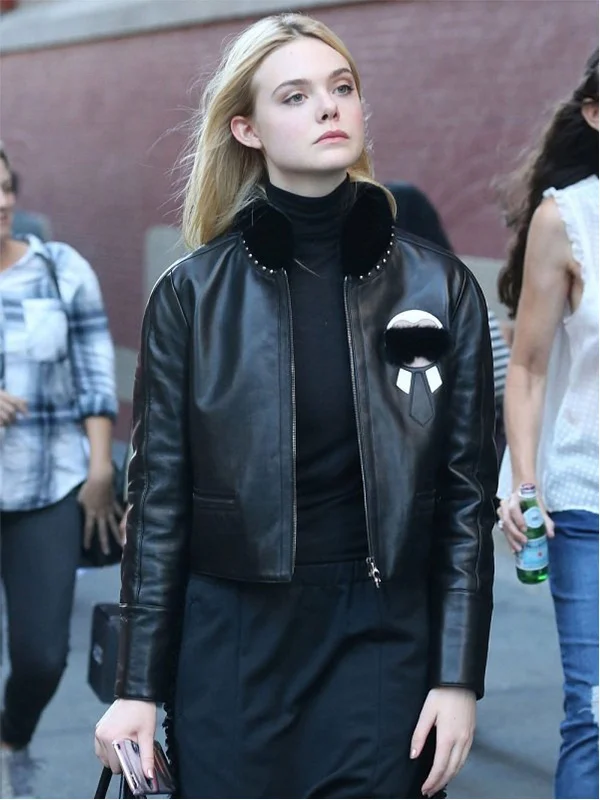 Elle Fanning Fur Black Leather Jacket