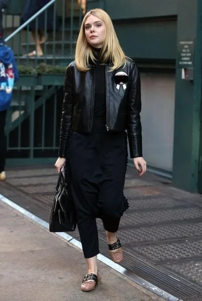 Elle Fanning Fur Black Leather Jacket