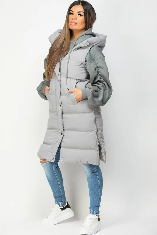 Grey Padded Longline Hooded Gilet