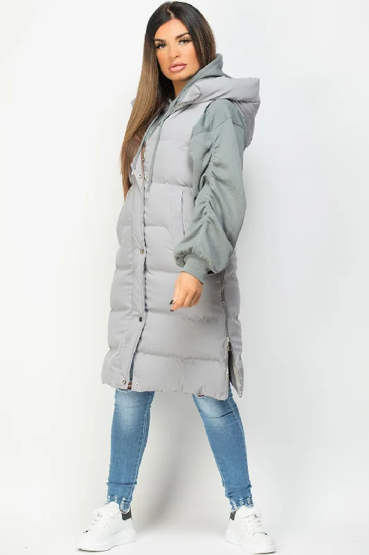 Grey Padded Longline Hooded Gilet