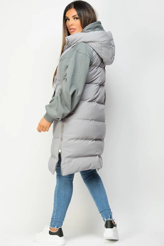 Grey Padded Longline Hooded Gilet