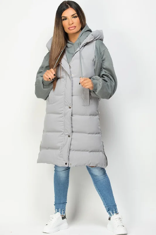 Grey Padded Longline Hooded Gilet