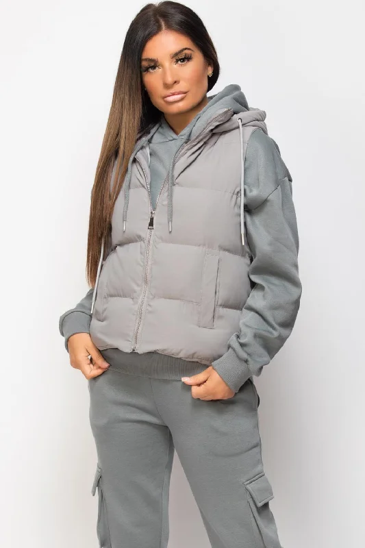 Hooded Padded Gilet Sleeveless Jacket Grey