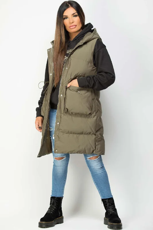 Khaki Padded Longline Gilet With Drawstring Waist