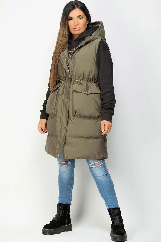 Khaki Padded Longline Gilet With Drawstring Waist