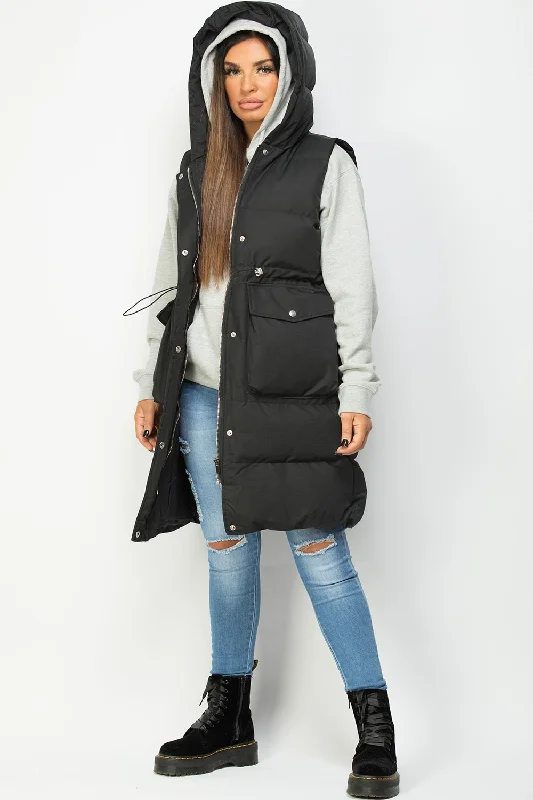 Black Padded Gilet With Drawstring Waist Longline