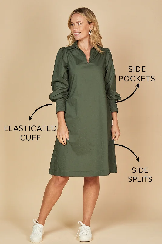 Blaine Collared Poplin Dress in Bottle Green