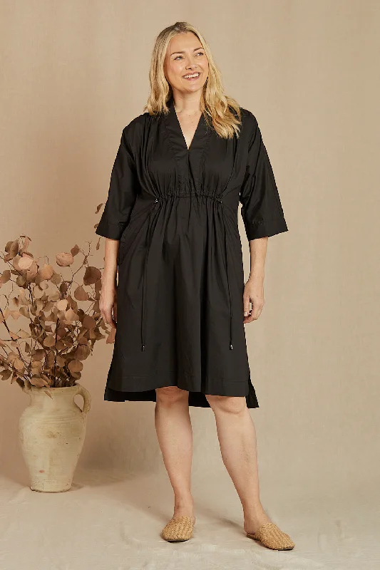 Finley Poplin Short Kaftan Dress in Black