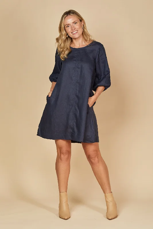 Hazel Short Linen Shift Dress in Navy