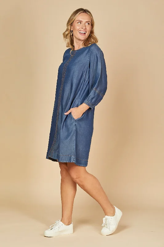 Hazel Short Shift Tencel Dress in Mid Wash