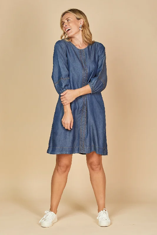 Hazel Short Shift Tencel Dress in Mid Wash