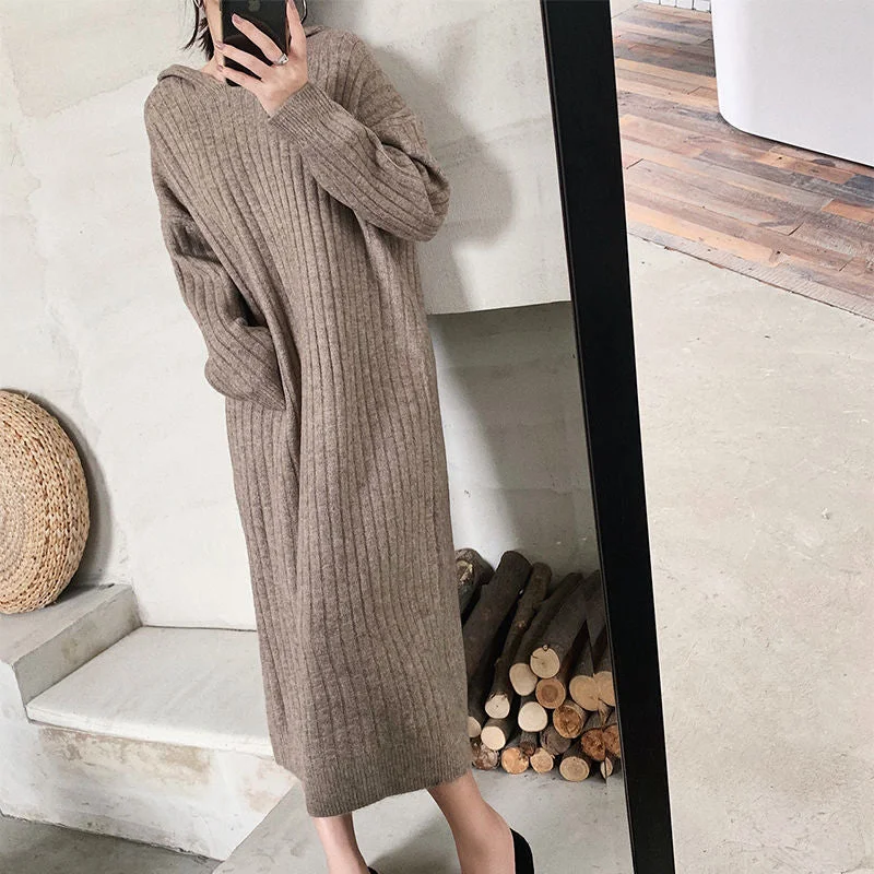 NiDELL Autumn and Winter New Extended over the Knee Hood Loose and Lazy Style Knitted Dress Vertical Stripes Slimming Sweater Dress Women