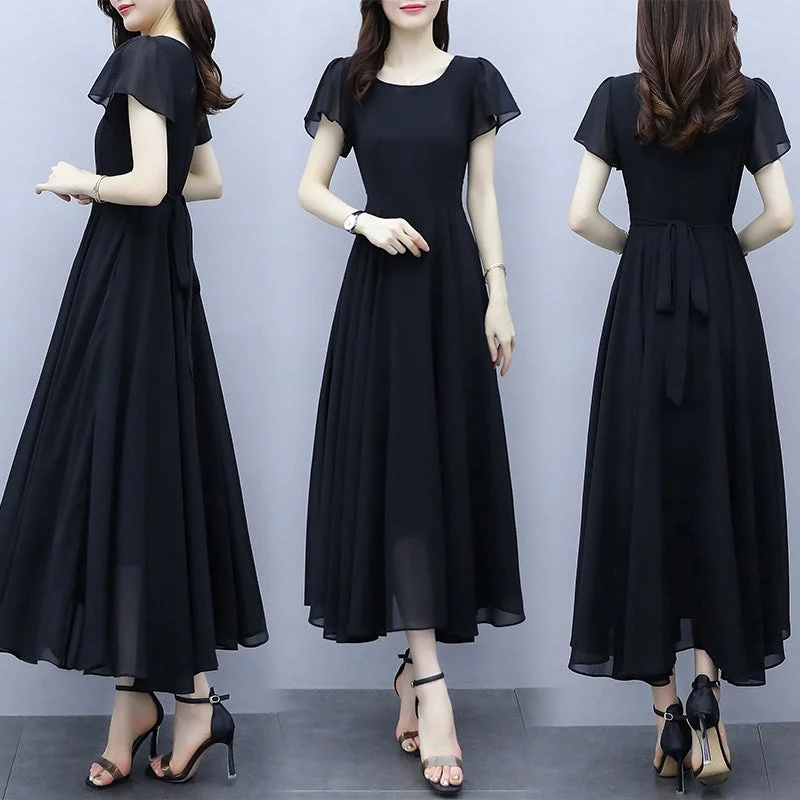 NiDELL Black Chiffon Dress Hepburn Summer Wind New Plump Girls Large Size Women's Clothing Slim Fit Slimming Women's French Style Temperament Long Dress