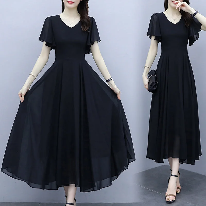 NiDELL Black Chiffon Dress Hepburn Summer Wind New Plump Girls Large Size Women's Clothing Slim Fit Slimming Women's French Style Temperament Long Dress