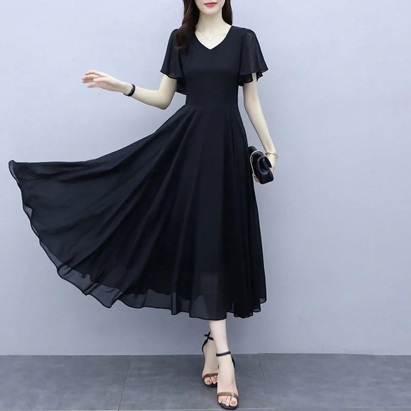 NiDELL Black Chiffon Dress Hepburn Summer Wind New Plump Girls Large Size Women's Clothing Slim Fit Slimming Women's French Style Temperament Long Dress