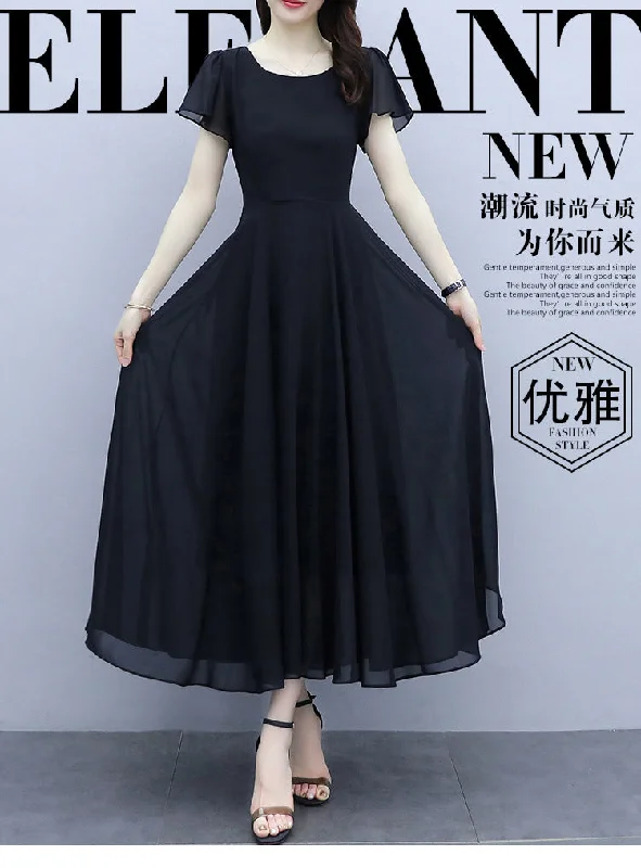 NiDELL Black Chiffon Dress Hepburn Summer Wind New Plump Girls Large Size Women's Clothing Slim Fit Slimming Women's French Style Temperament Long Dress