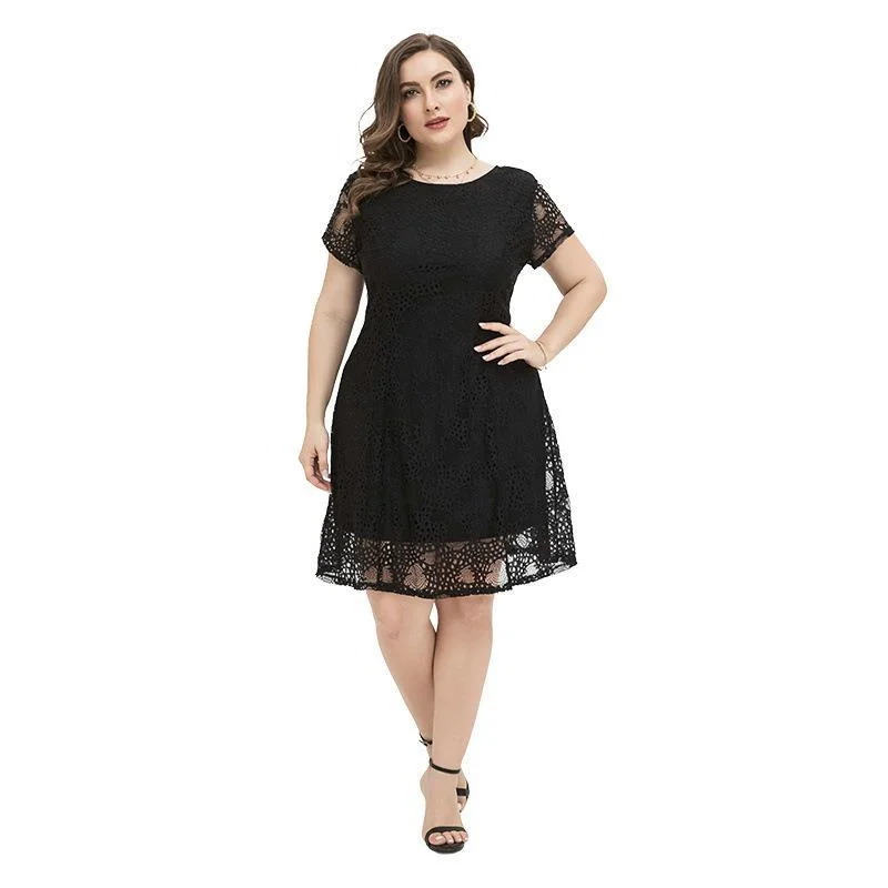 NiDELL Cross-Border Foreign Trade European and American plus Size Women's Clothes Fat Sister Dress V-neck Slimming Lace Dress Fx200008