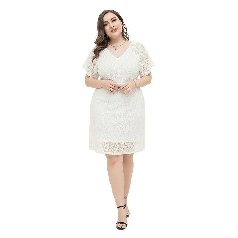 NiDELL Cross-Border White Lace Dress European and American plus Size Women's Clothes Fat Sister Clothing Sheath V-neck Women's Dress Fx200030