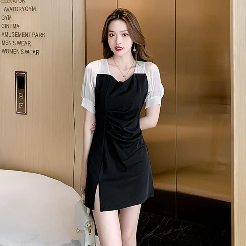 NiDELL French Hepburn Style Dress Women's Summer Dress . New Split Black Dress Waist Slimming Temperament Fashion