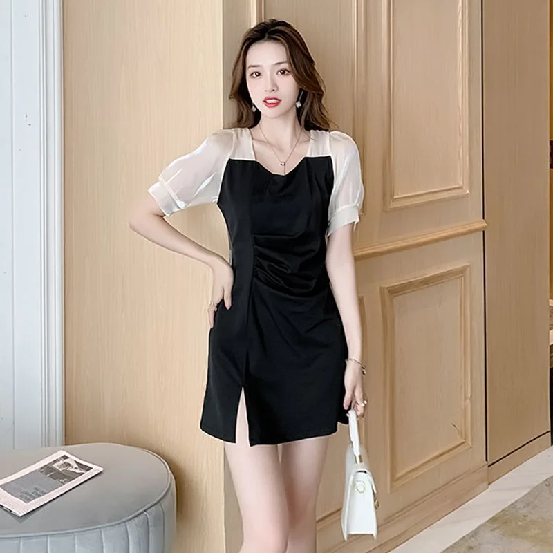 NiDELL French Hepburn Style Dress Women's Summer Dress . New Split Black Dress Waist Slimming Temperament Fashion