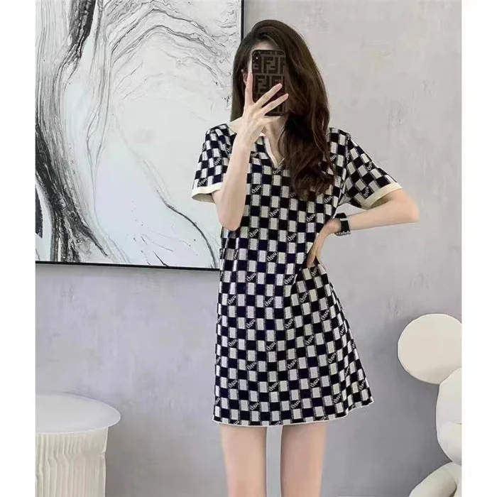 NiDELL Large Size Full-Figured Girls' Dress Female Summer New Knitted Polo Collar Chessboard Plaid Pear Shapes Skirt Slimming Spring and Autumn