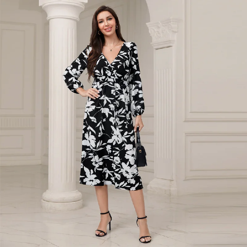 NiDELL LQ-23053101 Autumn New . European and American Women's Clothing Elegant Elegant V-neck High Waist Dress in Stock