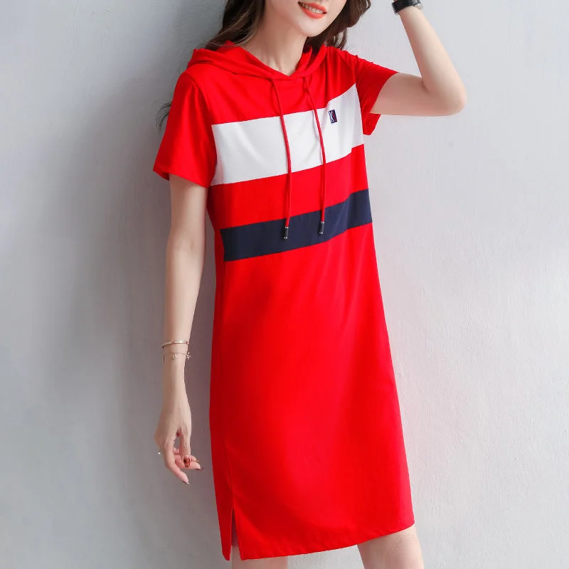 NiDELL Mid-Length Hooded Short Sleeve Dress Casual T-shirt Skirt . Summer New Slim Fit Sports Thin Section Hooded Dress