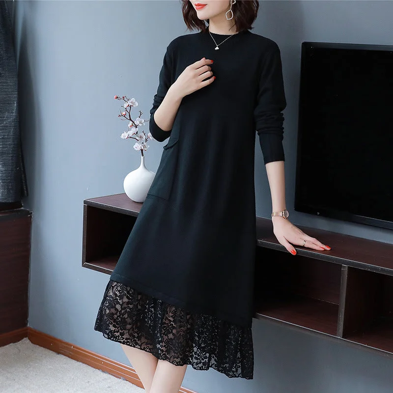 NiDELL Women's Knitted Dress Korean-Style Mid-Length Loose Lace Splicing Pullover Knitwear Large Size Women's Clothing Woolen Skirt Trendy