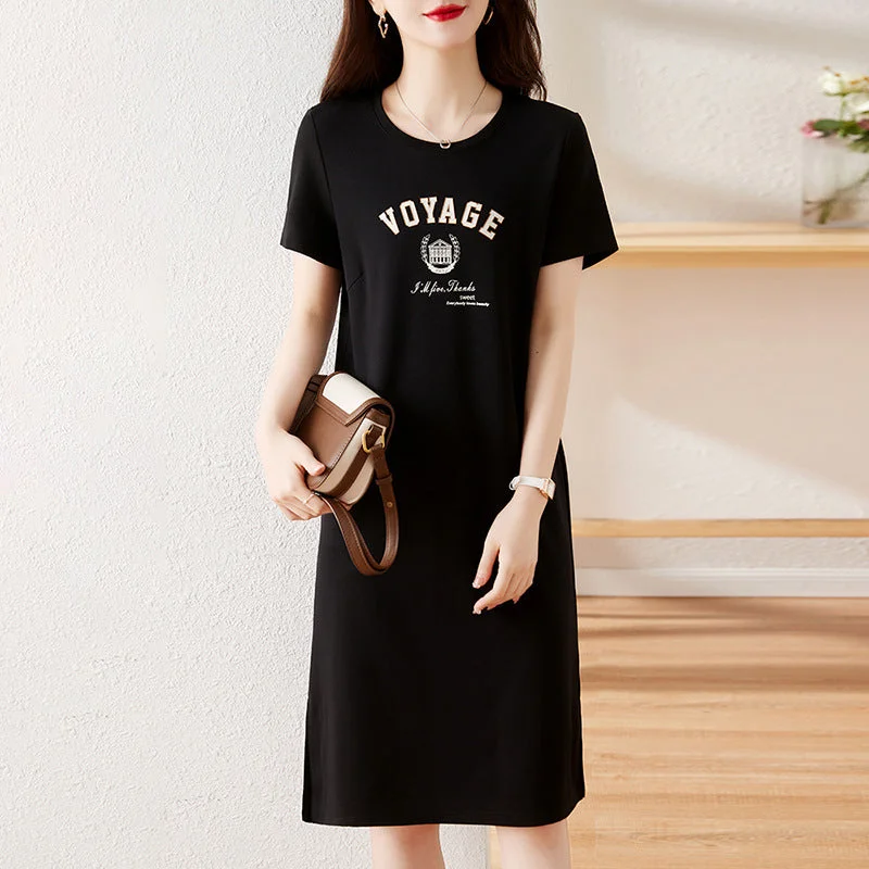 NiDELL Women's Mid-Length Short-Sleeved T-shirt Dress . New Summer High-End Women's Loose Large Size Casual Dress