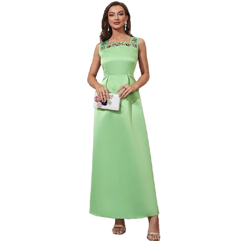 NiDELL ZG-21608 Hot Sale . New Cross-Border Amazon Sleeveless Dress Square Collar High Waist A- line Dress Long Skirt