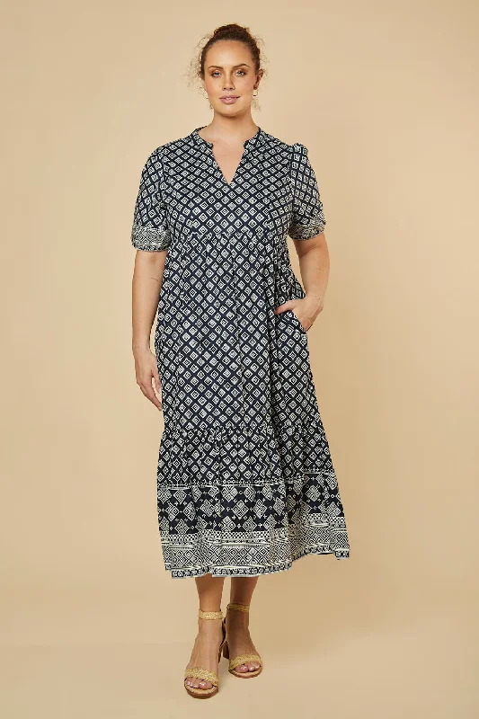 Sabre V-Neck Dress in Navy Iris