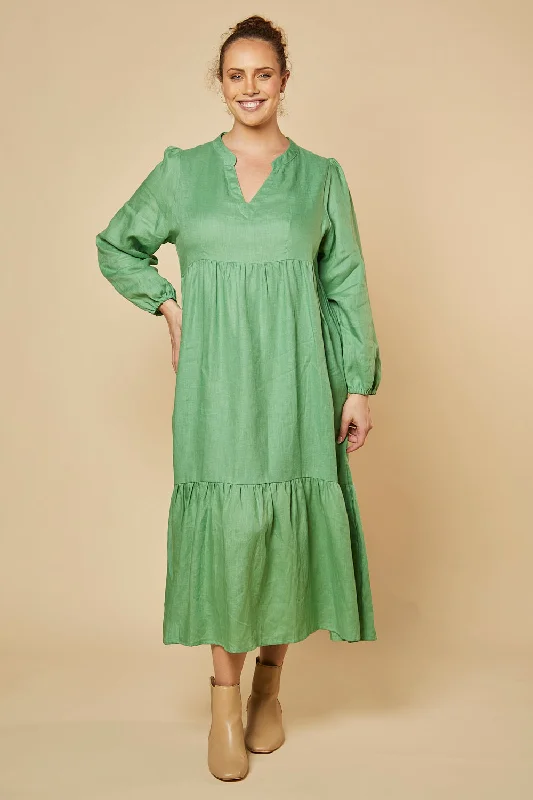 Sabre V-Neck Linen Dress in Jadesheen