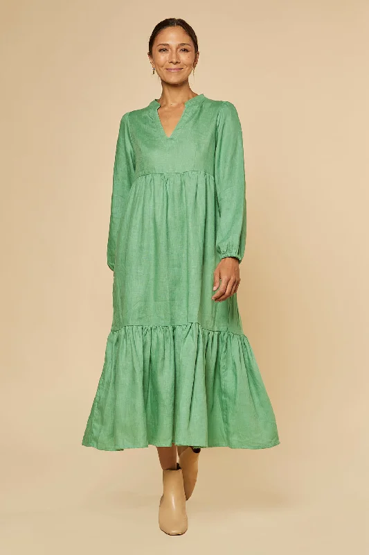 Sabre V-Neck Linen Dress in Jadesheen