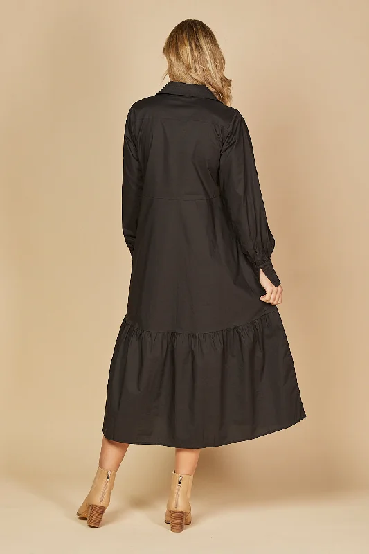 Sabre V-Neck Poplin Dress in Black