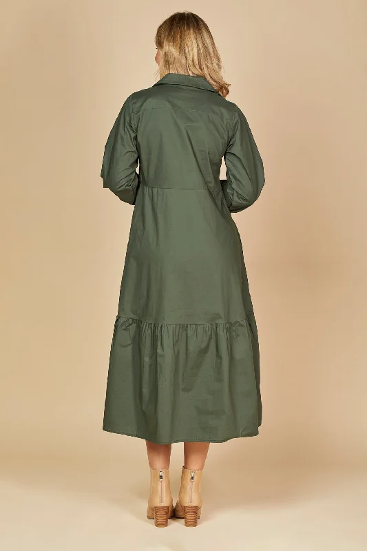 Sabre V-Neck Poplin Dress in Bottle Green